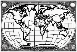the earth with a flat map design without borders with very light shading placed on a grid tattoo idea