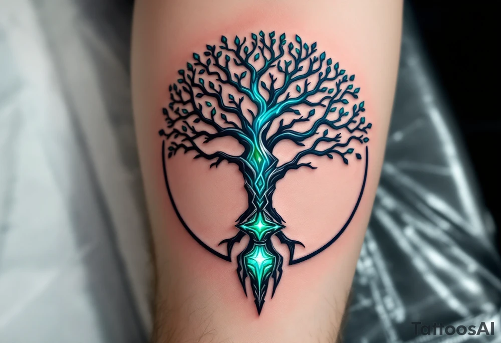 A Nordic tree of life (Yggdrasil) with Mjölnir hanging from one of its branches, glowing with divine energy in shades of green, blue, and silver. tattoo idea