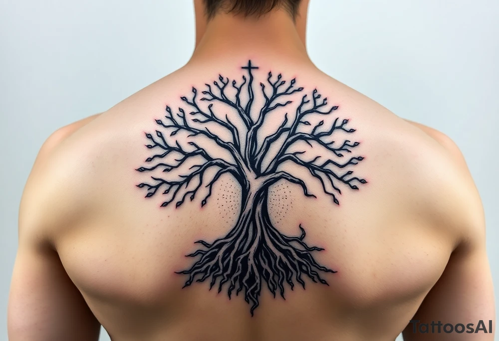HIV positive mystical tree of life with cosmic roots and celestial branches tattoo idea