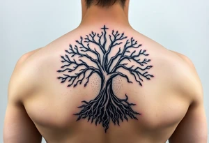 HIV positive mystical tree of life with cosmic roots and celestial branches tattoo idea