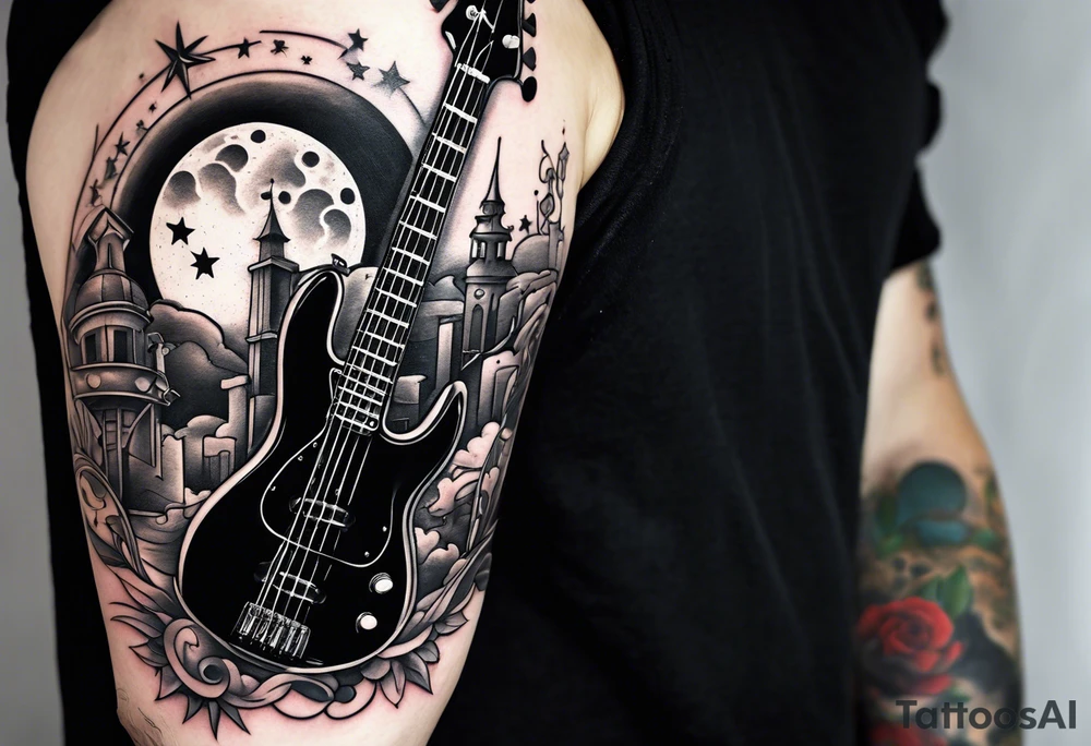 Tattoo full left arm with a collage of a bass guitar, mickey mouse silhouette, caduceus symbol, two stars and the sun with a moon tattoo idea