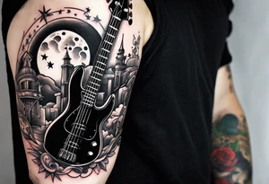 Tattoo full left arm with a collage of a bass guitar, mickey mouse silhouette, caduceus symbol, two stars and the sun with a moon tattoo idea