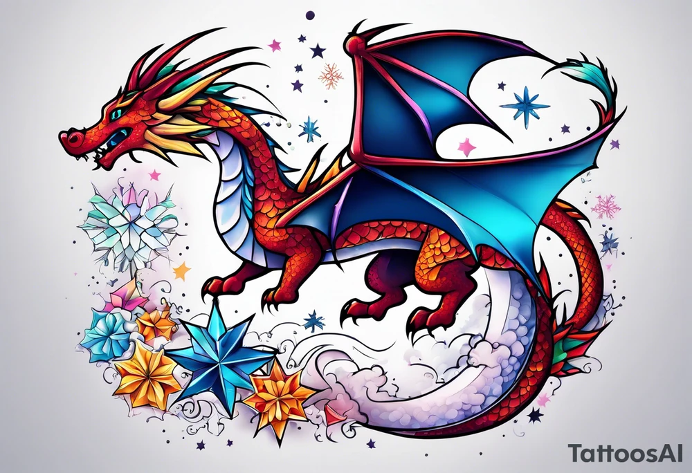 Constellation, kawaii dragon, snowflake tattoo idea