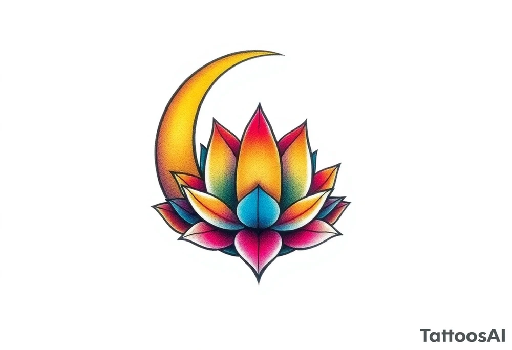 small colorful crescent moon with lotus flower tattoo idea