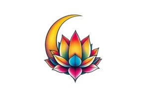 small colorful crescent moon with lotus flower tattoo idea
