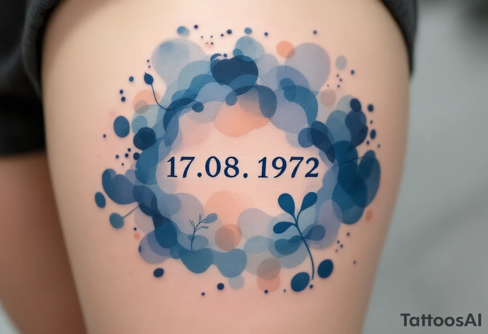 Artistic 17.08.1972 in watercolor style, blending indigo and peach tones around the date. tattoo idea