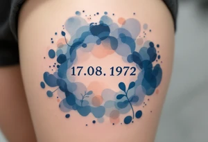Artistic 17.08.1972 in watercolor style, blending indigo and peach tones around the date. tattoo idea