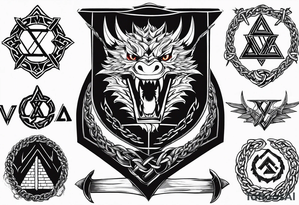 Valhalla sword shield axe barbed wire chains valknut fire dragon tattoo idea Valhalla sword shield axe barbed wire chains valknut fire dragon tattoo idea
