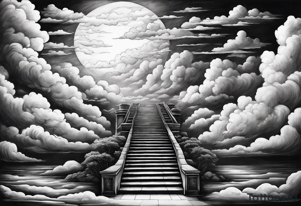 Staircase that leads through the clouds to heaven and ends at the gates of heaven. At the end there is a bright light tattoo idea