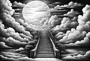 Staircase that leads through the clouds to heaven and ends at the gates of heaven. At the end there is a bright light tattoo idea