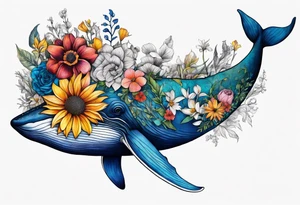 flowers, bold color, collage, blue whale tattoo idea