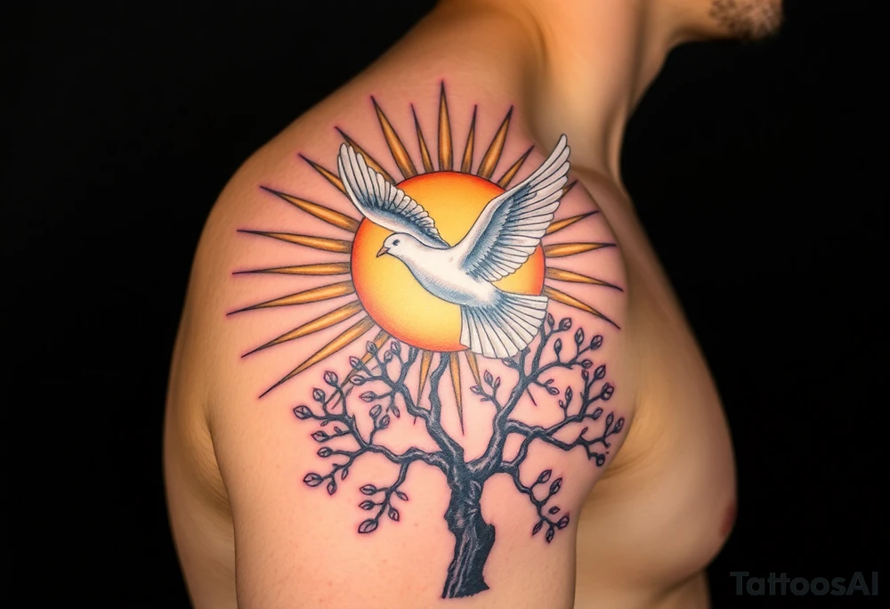Here’s a more detailed version with an emphasis on placement:

"A hyper-realistic tattoo design placed strictly on the upper shoulder, wrapping slightly over the shoulder cap and integrating seamlessly with the natural contours of the body. The central focus of the tattoo is positioned on the uppermost portion of the shoulder, where a radiant sun is depicted, surrounded by sharp, linear sun rays that extend outward across the shoulder cap and slightly down toward the upper arm and chest. The rays are angled to follow the natural curve of the shoulder, creating a dynamic and harmonious flow with the body.

Directly in front of the glowing sun is a white dove in mid-flight, positioned centrally to draw immediate attention. The dove’s wings are fully extended, with precise detailing on the feathers, giving it a lifelike and ethereal quality. The bird's placement ensures it aligns with the sun as the focal point, resting high on the shoulder, just below the collarbone and above the arm’s deltoid muscle.

Below the sun and dove, the tattoo transitions into a deeply detailed poison tree. The tree’s thick, twisted roots appear to grow organically across the upper arm and slightly toward the back of the shoulder, following the muscle structure. The gnarled, barren branches stretch upward toward the sun, creating a stark contrast with the radiant light above. At the tree's base, a forest of tall, shadowy evergreen trees spreads horizontally across the lower portion of the tattoo, curving naturally with the roundness of the shoulder and fading gently near the edges for a seamless blend into the skin.

The entire tattoo is rendered in black and grey realism, with meticulous shading to emphasize depth and texture. The darker elements, such as the tree and forest, contrast sharply with the lighter tones of the sun and rays, creating a three-dimensional appearance. The tattoo is designed to appear as though it is a natural part of the body, covering the shoulder cap prominently while slightly extending toward the upper chest, upper arm, and back, ensuring the design looks cohesive and balanced from all angles." tattoo idea