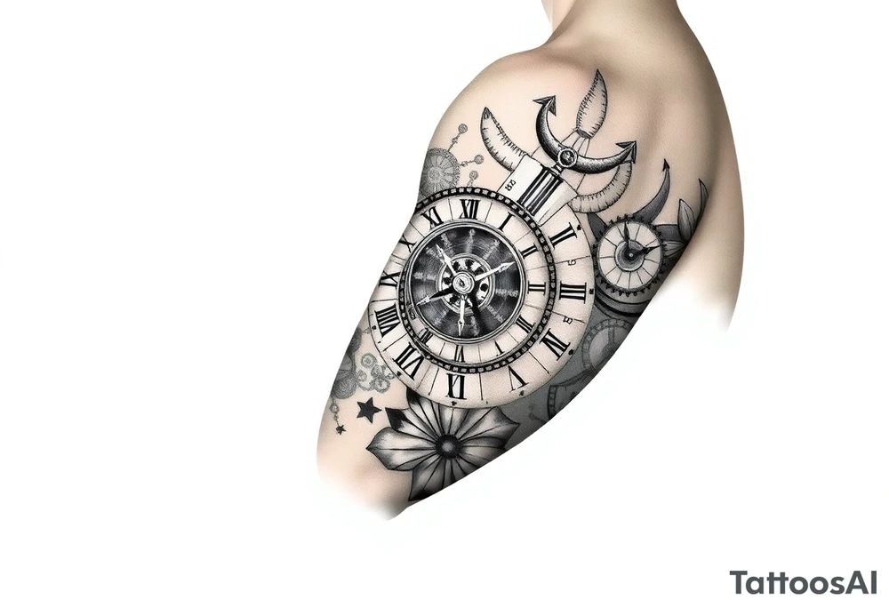 vintage roman numerals within ornate clockwork mechanism sleeve tattoo idea