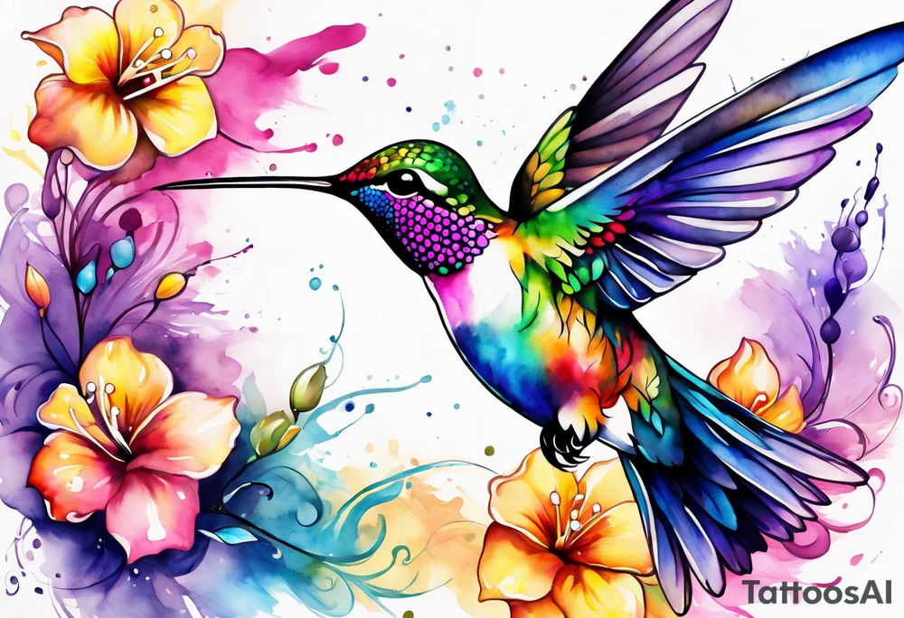 hummingbird watercolor pink purple blue yellow tattoo idea