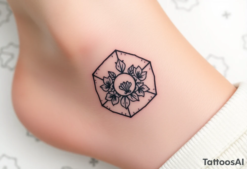 Faint Hexagon with astrological sign for Leo, larkspur and water lilies in the center tattoo idea