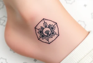 Faint Hexagon with astrological sign for Leo, larkspur and water lilies in the center tattoo idea