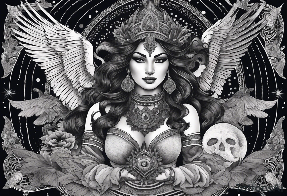 black kali, goddess pirate, alien, angel, pachamama, valkrye, warrior, flying, skull, lotus azul, wing, eagle, zenza resonance, stars, 5D, anahata chakra, death, durga, riding on a tiger, flying lady, kundalini, chest tatoo, samuri, rebel, serpent tattoo idea