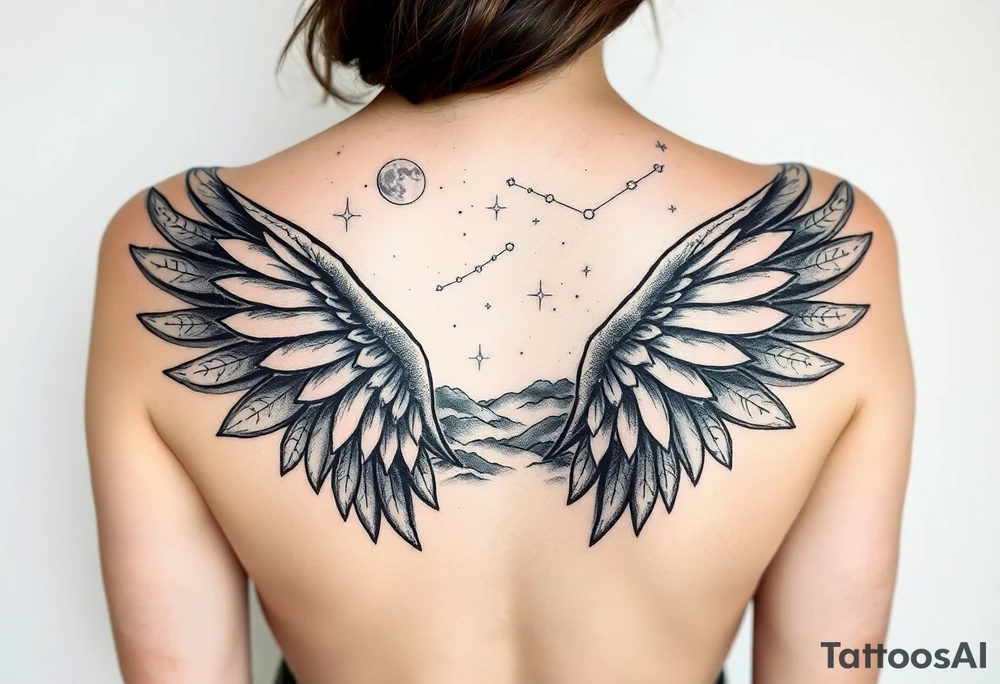 Night sky with constellation, stars & moon seen from a frame of natural landscape angel wings tattoo idea
