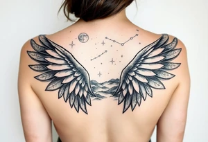 Night sky with constellation, stars  & moon seen from a frame of natural landscape angel wings tattoo idea