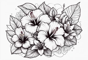 hibiscus and lily flowers in the background with an absent cross overlapping it tattoo idea