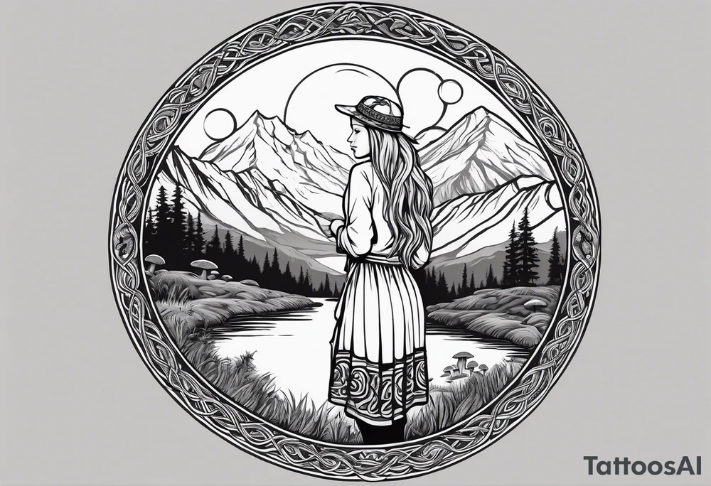 Whole picture encircled fully

Straight long blonde hair hippie girl in distance holding mushrooms in hand facing away toward mountains and creek surrounded by mushrooms long sleeve shirt and hiking pants; whole rendering within a full celtic circle border, no cut off circle tattoo idea