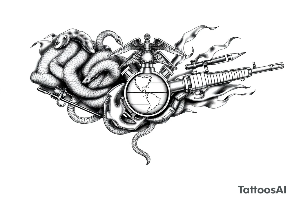 I want to incorporate a firefighter and Marine corps logo. I like snakes, rifles, guns, flames tattoo idea