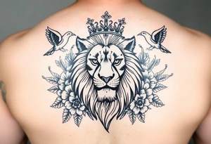 powerful majestic lion with a crown, surrounded by floral ornaments and birds tattoo idea