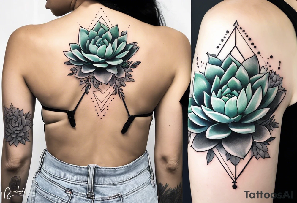 fine line. one big succulent in the middle. Two smaller succulents on the side. Dots and floral
. Sternum tattoo grey scale shading tattoo idea