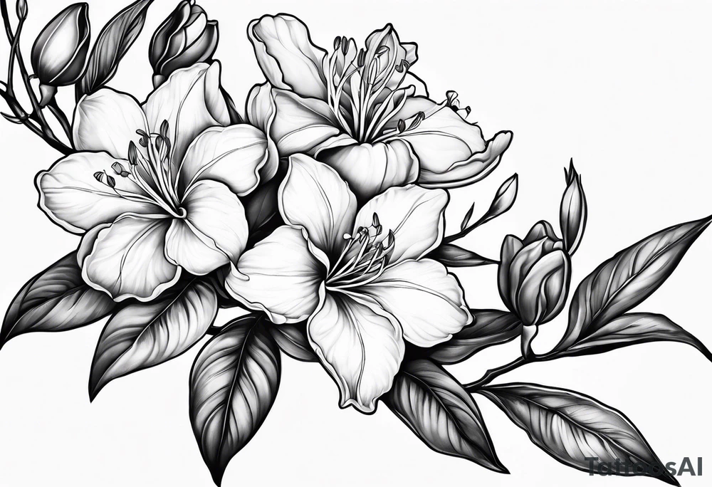 5-petal azaleas with buds along a long branch tattoo idea