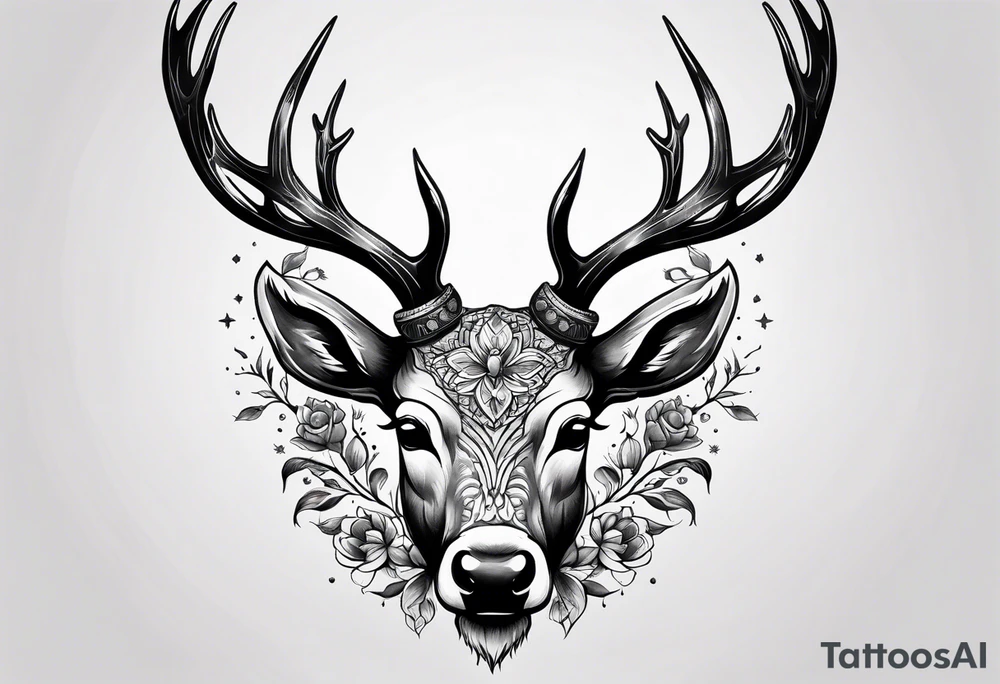 back tattoo of a front view reindeer with half the face as a skull tattoo idea