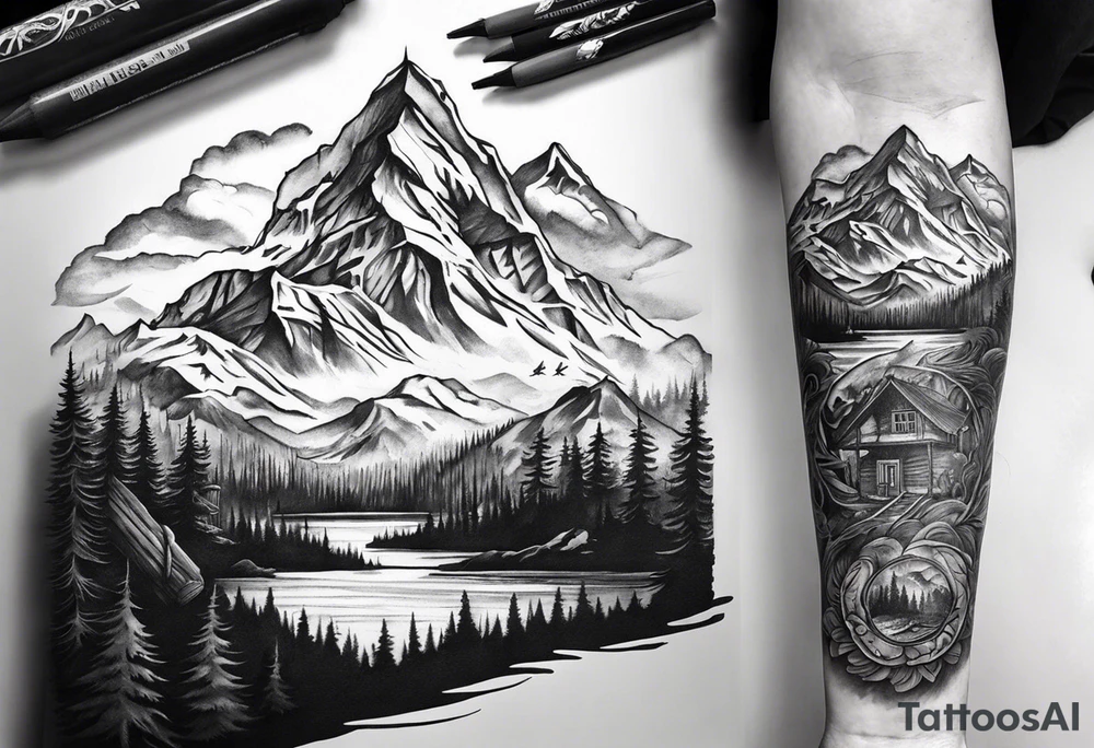 I want a forearm sleeve tattoo that has a cabin in a firepit in it. It needs to be darker towards the top tattoo idea