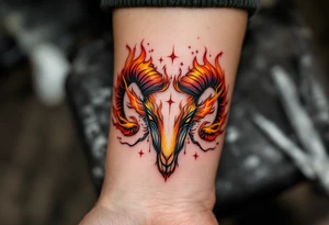 A dynamic Aries design frames the Aries star constellation in vibrant flame motifs of orange, red, and yellow. tattoo idea