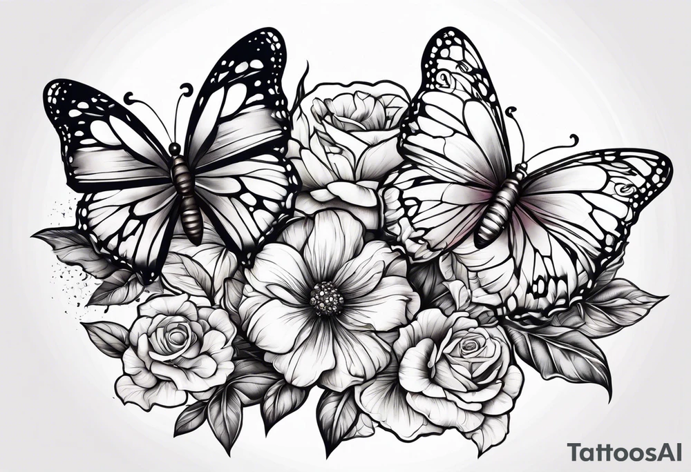 2 flowers on top of eachother with a butterfly underneath tattoo idea