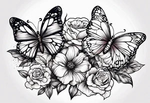 2 flowers on top of eachother with a butterfly underneath tattoo idea