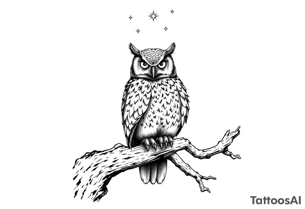 wise owl perched on ancient oak branch under starlit sky tattoo idea