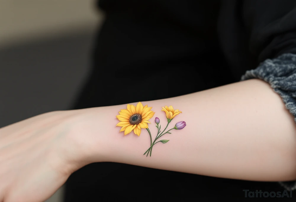 small yellow sunflowers and sunflower buds with   a small stargazer Lilly in pale pink and pale purple tulip buds  in a dainty wildflower bouquet with light green stems. Low detail. tattoo idea