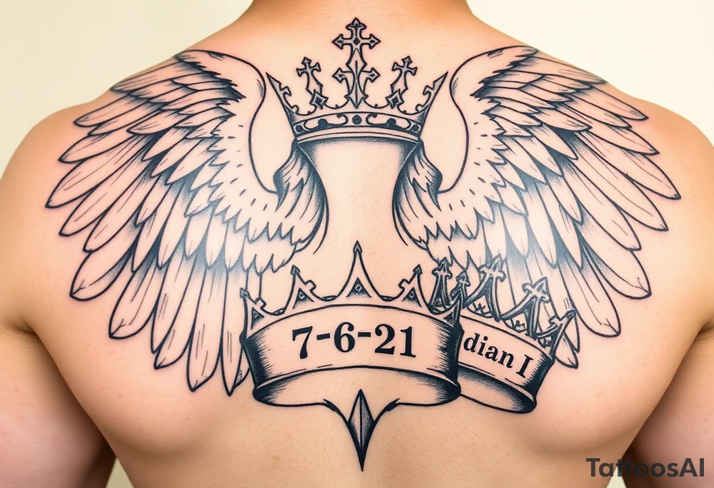 majestic  angel with two king crowns and in grave in one of the king crowns the names JOSIAH wuth the date 7-06-21 in roman numerals and I. The other king crown the name Adian with the date 3-10-23 in roman numerals tattoo idea