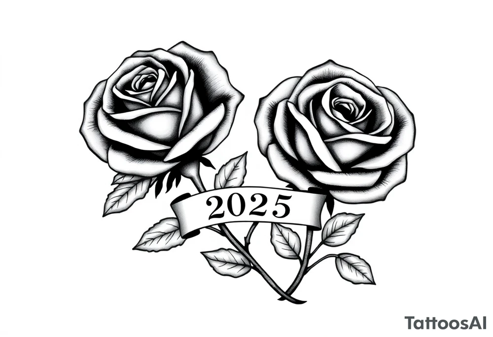 two beautiful large rose buds, one larger than the other, with many leaves next to the rose buds, with one sitting higher than the other. Include a banner connecting the two roses with the year "2025" on it.   Use dark outlines with little shading. The two stems should be short, not long, and connect and join into one stem, whimsically curved or twisted - not straight down. tattoo idea