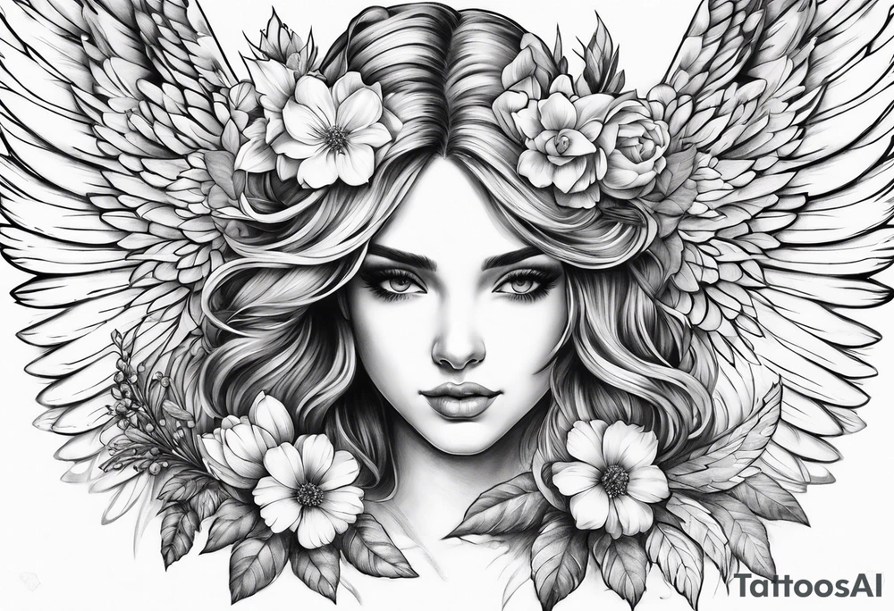 wing angel, flower, , tattoo idea