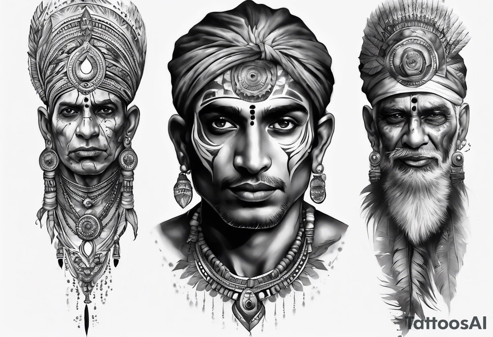 indian man face realistic leg sleeve tattoo idea