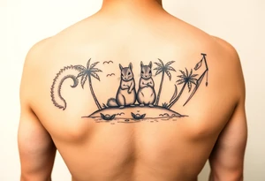 Squirrel family of 4 on an island with palm trees tattoo idea