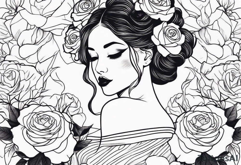 mime girl in white dress surrounded by roses tattoo idea