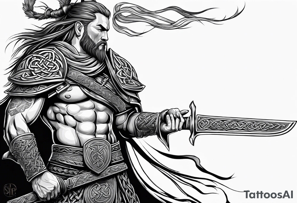 Full body side profile of a Celtic warrior with weapons tattoo idea