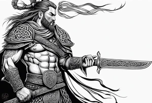 Full body side profile of a Celtic warrior with weapons tattoo idea