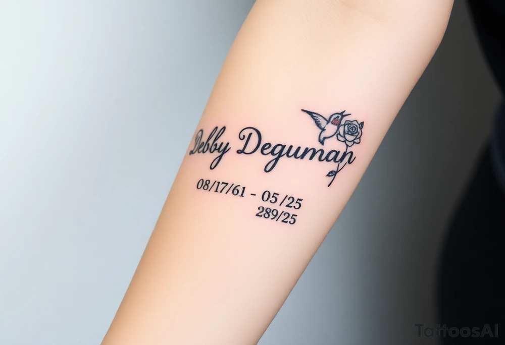 Tattoo of the exact name Debby Deguzman in chunky curly cursive with the exact dates of 08/17/61-05/29/25 surrounded by 1 hummingbird and 1 rose tattoo idea