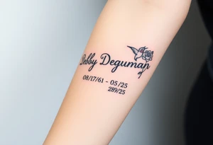 Tattoo of the exact name Debby Deguzman in chunky curly cursive with the exact dates of 08/17/61-05/29/25 surrounded by 1 hummingbird and 1 rose tattoo idea
