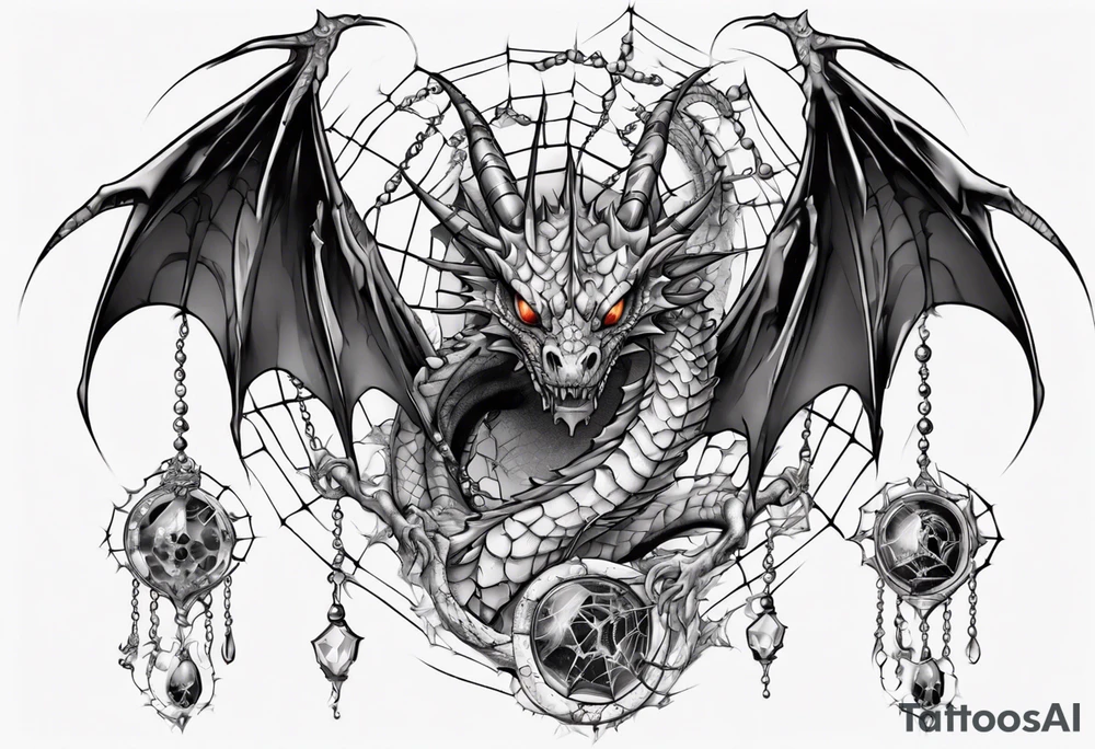 Dragon in a spiral spiderweb with jewels and shattered chalices and one spider tattoo idea