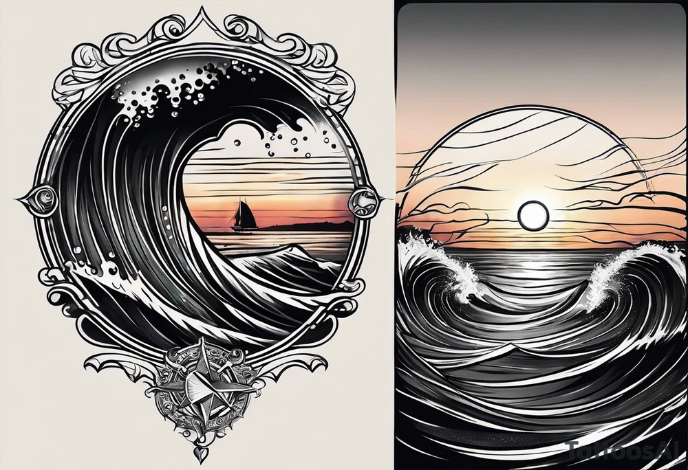 Tattoo from the perspective of being on the ocean at sunset. Water is calm, with very light waves, the sun is setting behind the ocean, reflecting light onto the ocean. tattoo idea