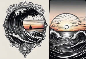 Tattoo from the perspective of being on the ocean at sunset. Water is calm, with very light waves, the sun is setting behind the ocean, reflecting light onto the ocean. tattoo idea