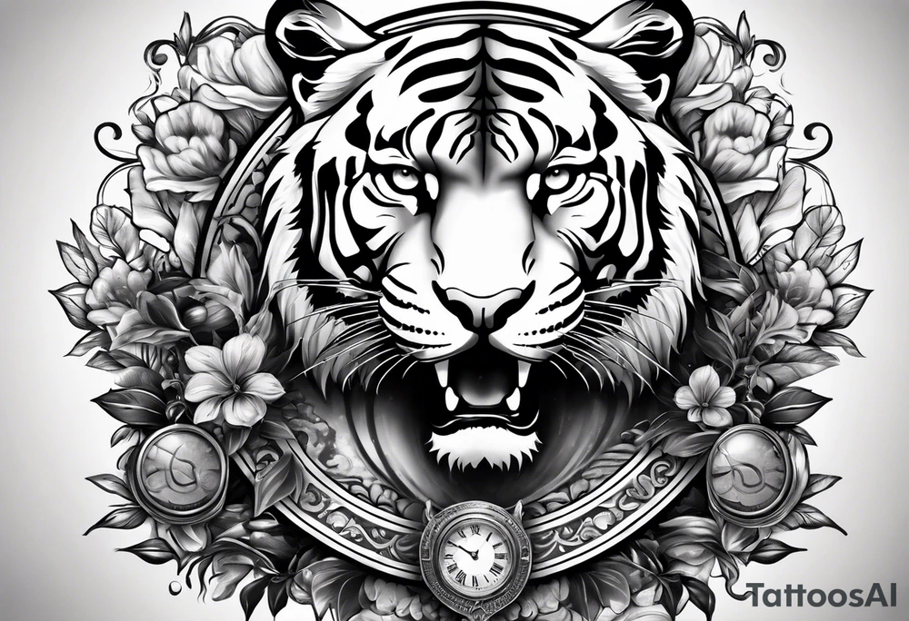 King tiger on top of Hour glass with Brain and heart inside
Full detailed sleeve tattoo idea